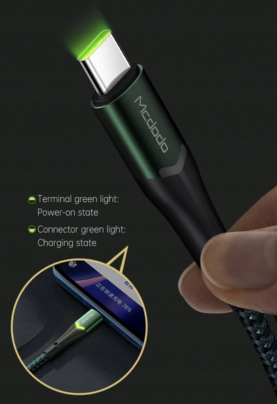 Kabllo karikimi Mcdodo USB A në USB C, LED, e gjelbër e zezë