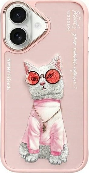 Futera telefoni për iPhone 16 6.1", me mace Nimmy Glasses, rozë