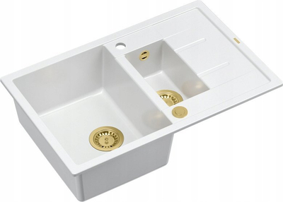 Lavabo kuzhine Quadron GraniteQ Morgan 156, 1.5 kupa, sifon Push To Open, e bardhë snow white me elemente ari