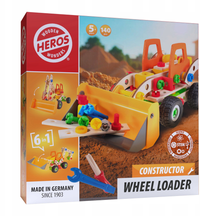 Set konstruktues Heros Constructor Wheel Loader, 140 pjesë, lodër druri, shumëngjyrëshe