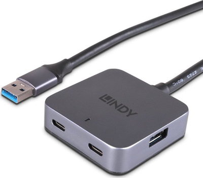 Hub USB Lindy me 4 porta, USB 3.2 5Gbps, kabllo 5m, gri