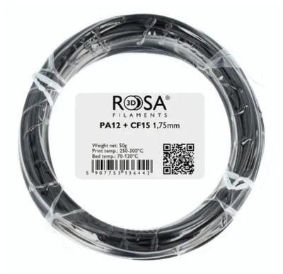 Филамент 3D PA12 со јаглеродни влакна 15CF, 1.75mm, 50g, мат сив