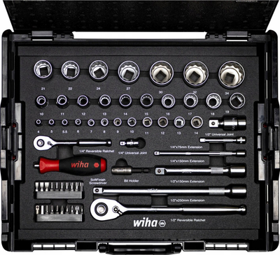 Set çelësa çorape dhe bit Wiha 44685, 1/4" dhe 1/2", 60 copë, me kuti