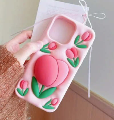 Mbulesë silikoni 3D Tulip me mbajtëse për iPhone 13, me kapje antirrëshqitje, rozë