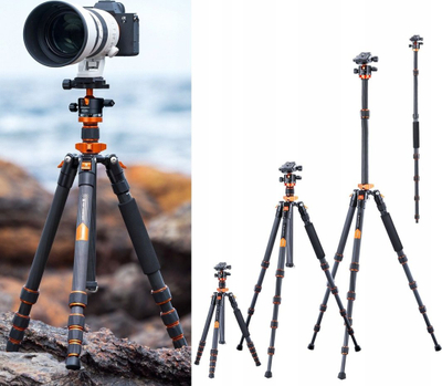 Tripod fotografik K&amp;F Concept SA255C1, fibër karboni, portokalli