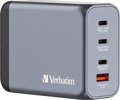 Karikues muri Verbatim GaN 66840, 200W, 3x USB C, USB A, gri