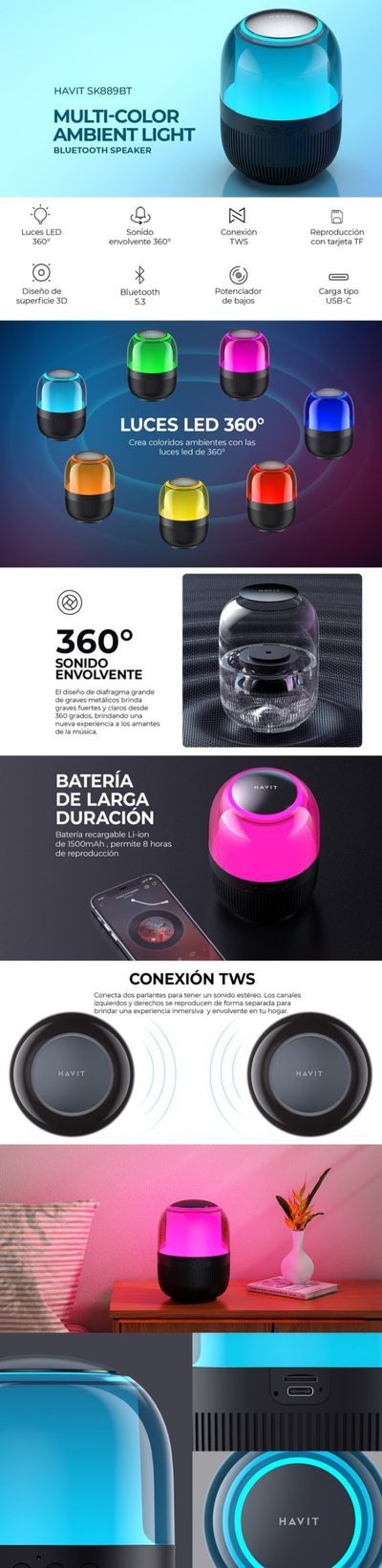 Altaparlant Bluetooth Havit SK889BT, portativ, i zi