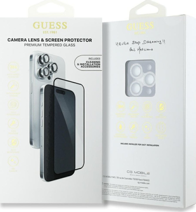 Mbrotës ekrani edhe kamere Guess BP Rhinestone për iPhone 16 Pro Max, xham i temperum, me kornizë argjendi