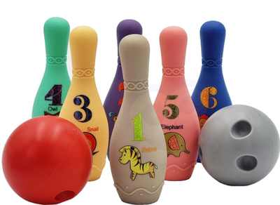 Lojë bowling sensorike Woopie Baby, 8 copë, plastike e butë, shumëngjyrëshe