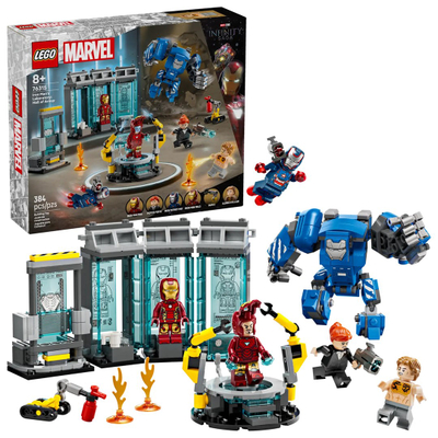 Set lodër LEGO Marvel Iron Man Laboratory Hall of Armor, me figurina, për fëmijë, shumëngjyrësh