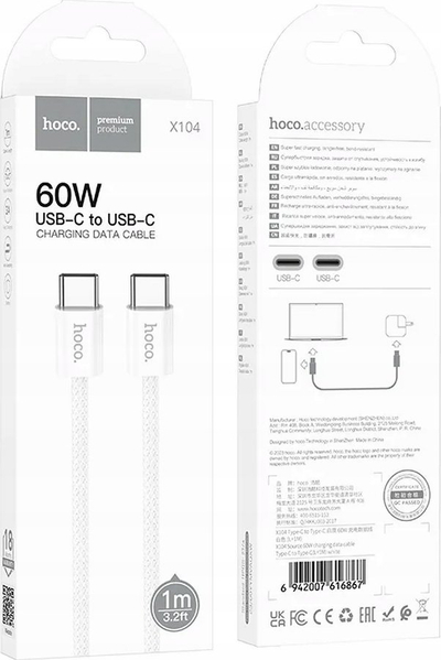 Kabëll USB-C në USB-C Hoco X104, 60W, 1m, i bardhë