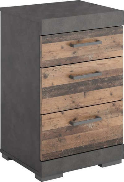 Komodinë FMD Bedside Table, 3 sirtarë, stil druri rustic, gri