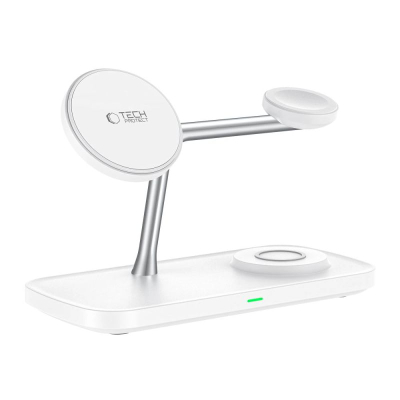 Karikues wireless Tech-Protect QI15W-A45, 3 në 1, MagSafe, i bardhë