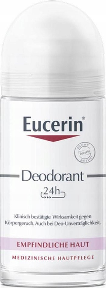 Deodorant roll-on Eucerin për lëkurë të ndjeshme, 24 orë, pa erë, i bardhë