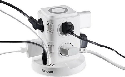 Zgjatës vertikal Logan WS8-2, 8 priza, 3x USB, karikim wireless 5W, i bardhë