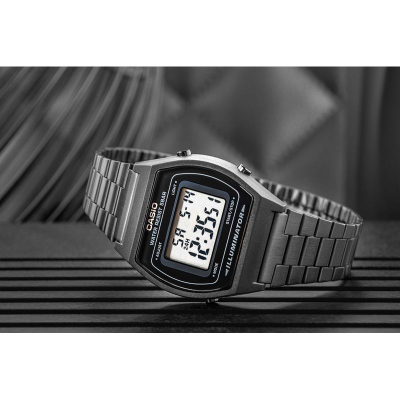 Orë digjitale Casio Vintage B640WB-1ADF, rezistente ndaj ujit, rrip metalik, e zezë