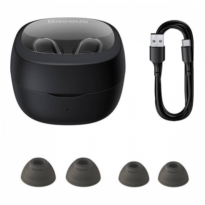 Kufje Bluetooth Baseus WM02 TWS, me kuti karikimi, pa tela, të zeza