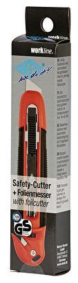 Prerëse sigurie WEDO Safety Cutter Standard, teh trapezoidal, tërheqje automatike e tehut, e zezë e kuqe