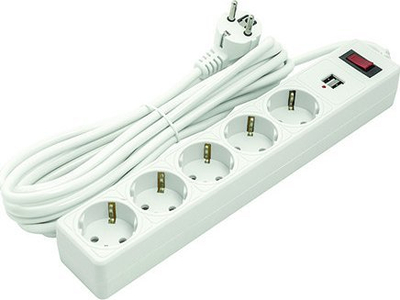 Zgjatës elektrik 5m, 5 dalje, 2xUSB, me çelës, i bardhë