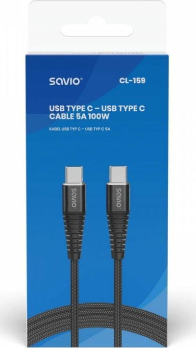 Kabllo USB Savio USB A në USB C, 1m, 100W, e zezë