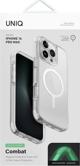 Mbrojtëse telefoni Uniq Combat Luminous për iPhone 16 Pro Max 6.9", Magclick, transparente e bardhë
