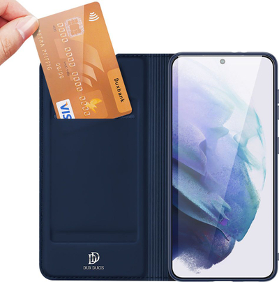 Mbulesë me kapak Dux Ducis Skin Pro për Samsung Galaxy S22 Plus, lëkurë ekologjike, me këmbëz, blu