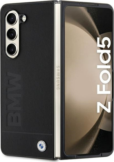 Kapak telefoni BMW Signature Logo Imprint për Samsung Galaxy Z Fold5, lëkurë e vërtetë, i zi