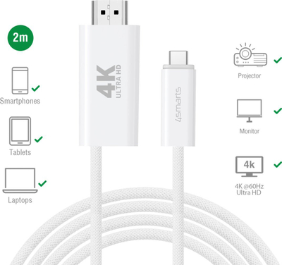 Kabllo video 4smarts USB C në HDMI, 2m, 4K, gri