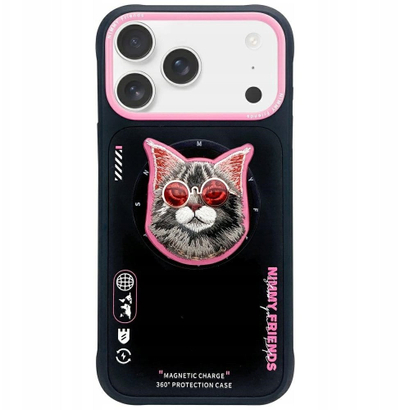 Mbulesë telefoni Nimmy Glasses Cool Cat MagSafe për iPhone 17 Pro, e zezë me rozë
