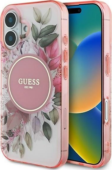 Mbulesë telefoni Guess GUHMP16MHFWBDCEP për iPhone 16 Plus 6.7", MagSafe, me lule, rozë