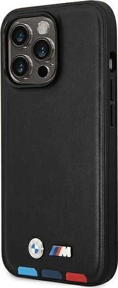 Qese telefoni BMW Leather Stamp Tricolor MagSafe, për iPhone 14 Pro Max 6.7", lëkurë, e zezë
