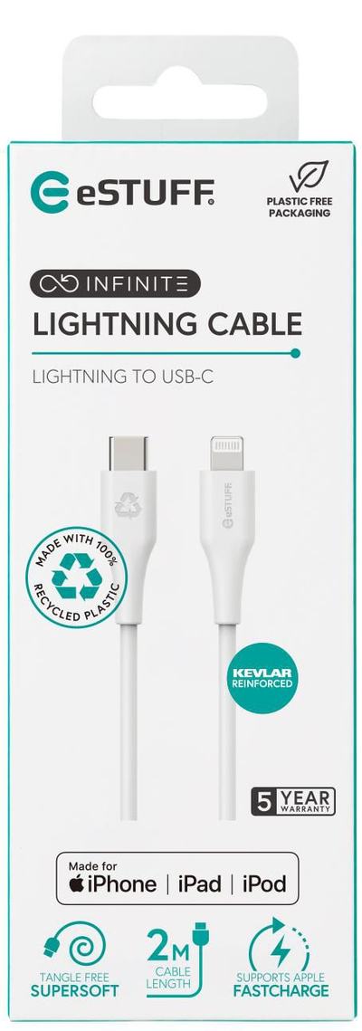 Kабел eSTUFF INFINITE Super Soft, USB-C - Лајтнинг, 2m, бел