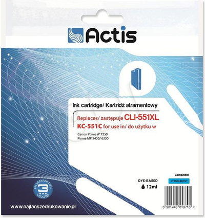 Kasetë boje Actis KC-551C, në vend të Canon CLI-551C, 12 ml, blu e hapur (cyan)