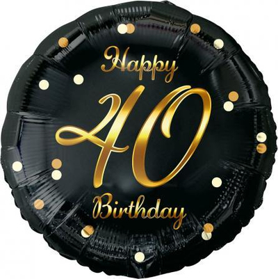 Balonë folje GoDan Happy 40 Birthday, rrumbullakët 45cm, e zezë ari