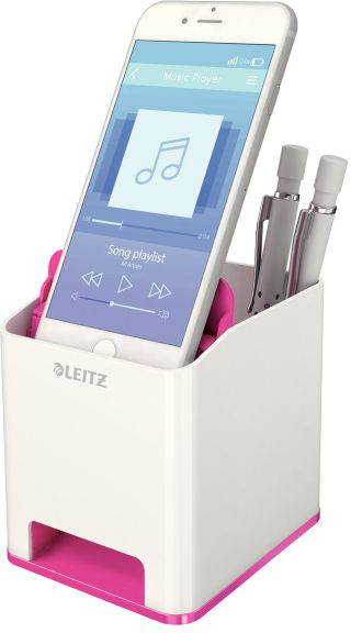 Mbajtëse stilolapsash Leitz WOW Sound Booster, me mbajtës telefoni, e bardhë rozë