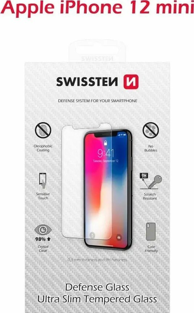 Xham mbrojtës Swissten Defense Glass për iPhone 12 Mini, 9H, 0.3mm, transparent