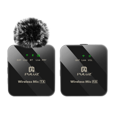 Mikrofon wireless lavalier Puluz, 1 TX 1 RX, për kamera dhe telefona, i zi