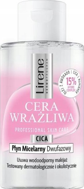 Ujë micelar dyfazësh Lirene Sensitive Skin, për lëkurë të ndjeshme, heq makeup waterproof, 125 ml