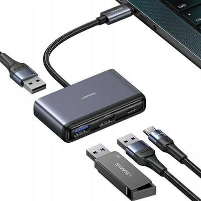Hub USB C Usams SJ627HUB01, 4in1, USB 3.0, gri e errët