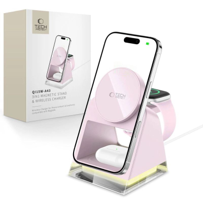 Karikues wireless 3‑në‑1 Tech‑Protect QI15W-A43, MagSafe, 15W, rozë