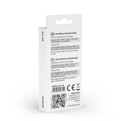 Читач на мемориски картички SAVIO AK-64, USB 3.0, црн