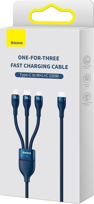 Kabllo karikimi Baseus Flash Series II, 3in1 USB C microUSB Lightning, 1.5 m, blu