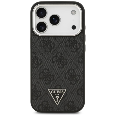 Mbrojtëse telefoni Guess Magsafe 4G PU Leather për iPhone 17 Pro, me kornizë metalike te kamera, e zezë