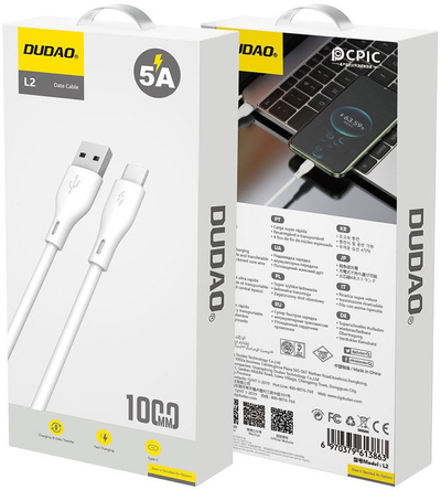 Kabllo USB Dudao L2T, USB në USB Type C, 5A, 1m, e bardhë