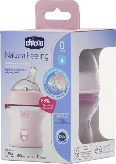 Biberon Chicco NaturalFeeling 53619, 150 ml, sistem kundër kolikave, transparent