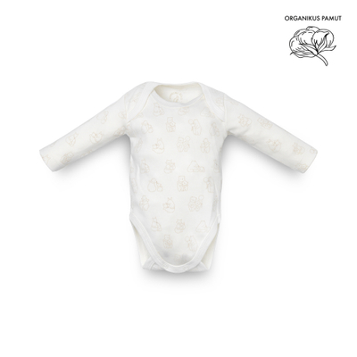Body për bebe Kenguru Gold, 100% pambuk organik, mëngë të gjata, e bardhë me print