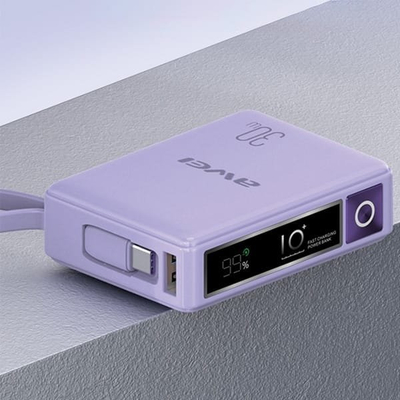 Powerbank Awei P87K, 10000mAh, 30W, me kabllo të integrume, i zi