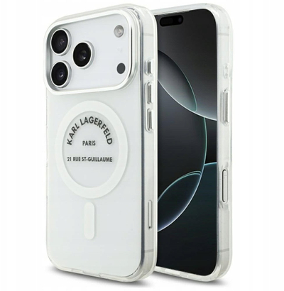 Kapak telefoni Karl Lagerfeld IML Karl RSG Logo MagSafe, për iPhone 17 Pro, transparent