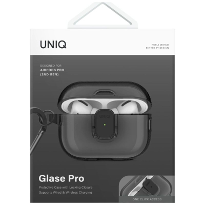 Kuti mbrojtëse Uniq Glase Pro për AirPods Pro 2, TPU, me karabinë, gri e tejdukshme