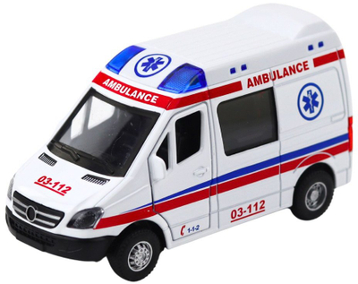 Lodër furgon autoambulancë metal, 1:32, me tërheqje mbrapa, drita edhe zhurma, e bardhë